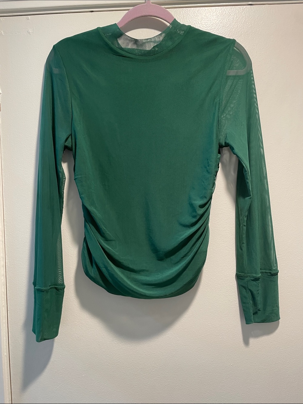 FARM Rio Green Long-Sleeve Gathered Stretch Mesh Ruched Top